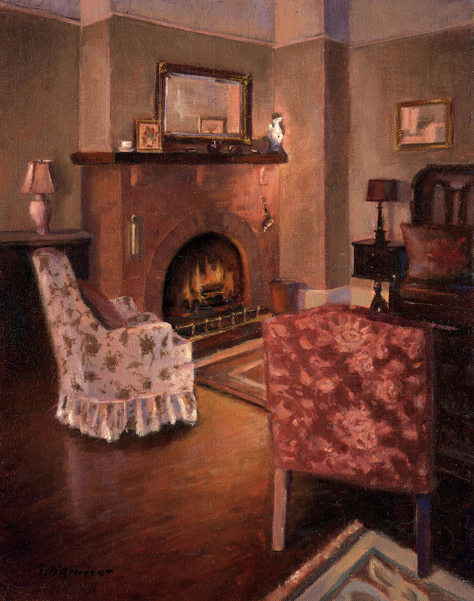 Salmagundi: Tony D'Amico: This Salmagundi work of art is titled, "Warm & Cozy." It is depicting a comfortable sitting room with warm fire. Oil on Linen Panel. Image Size: 14" x 11." Framed: 20.5" x 17.5." Award winning artist