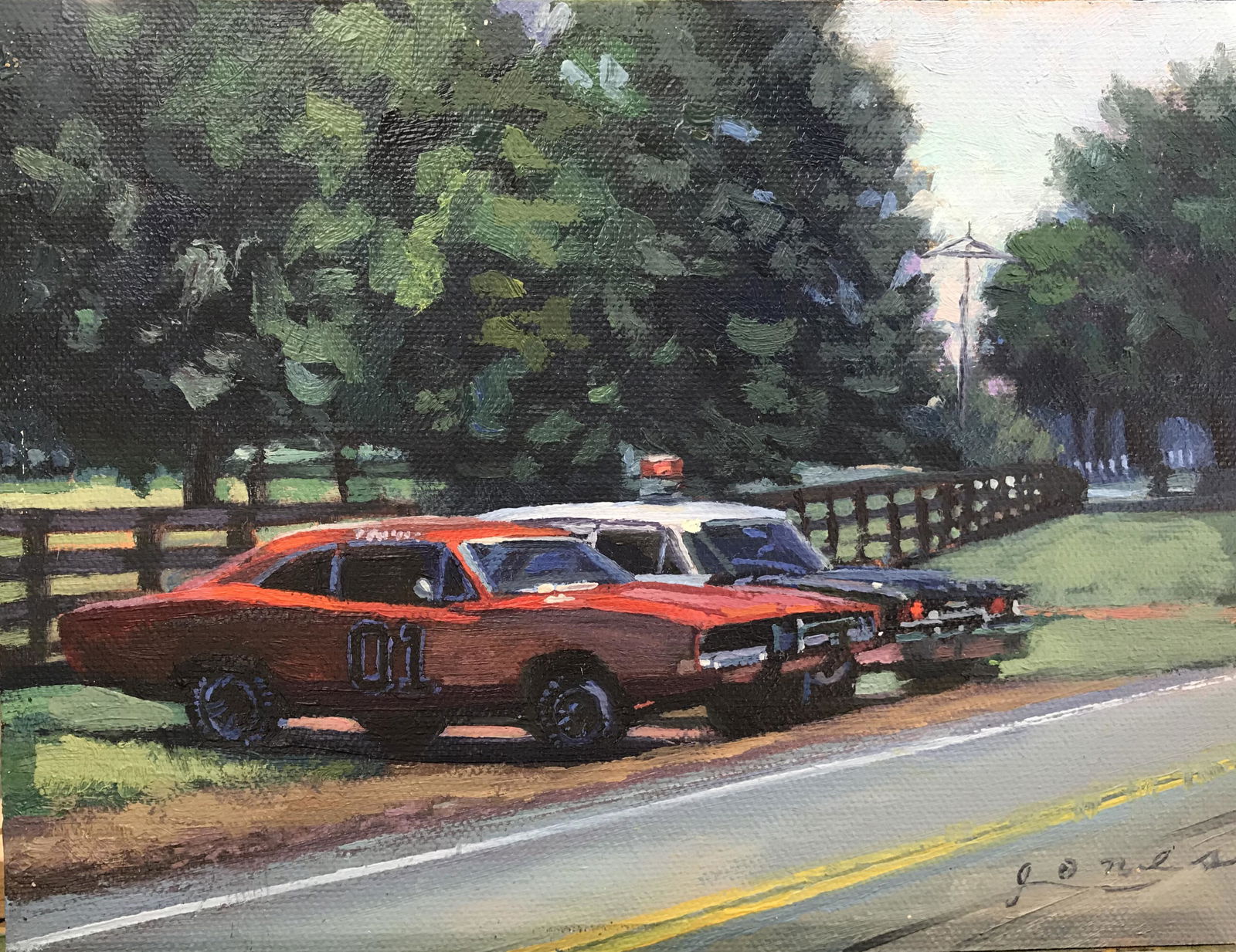 Salmagundi: Jacqueline Jones: This Salmagundi work of art is titled, "The General Lee." It is depicting the General Lee and the Barney Fife cars, painted in Liepers Fork,Tennessee. Oil. Image Size: 6" x 8" x .25." Framed: 9" x 11"