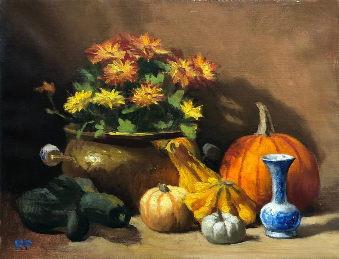 Salmagundi: Rick Perez: This Salmagundi work of art is titled, "Autumn Still life".Still life arrangement of autumn flowers and gourds. Oil. Image Size: 18"x14"x1". Framed: 21"x17"x1". Graduate of SVA, Lifetime member of the