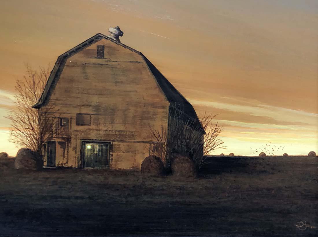 Salmagundi: Del-Bourree Bach: This Salmagundi work of art is titled, "Golden Evening". A favorite barn, a classic, recently destroyed by a winter storm. Acrylic on Panel. Image Size: 9" x 12" x 0" Framed Size: 14" x 17" x 0" A Sal