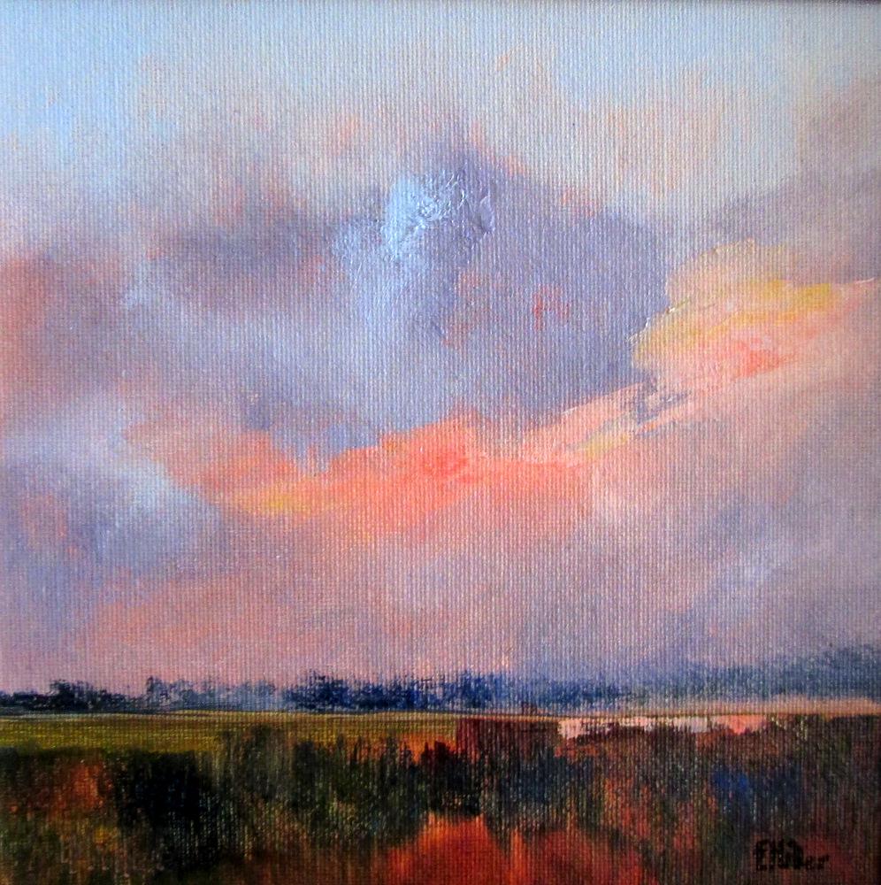 Salmagundi: Eve Miller: This Salmagundi work of art is titled, "Last Light". Landscape of the horizon, as the last warm light of day remains in the sky. Oil. Image Size: 8" x 8" x 0" Framed Size: 12" x 12" x 0" Eve Miller is