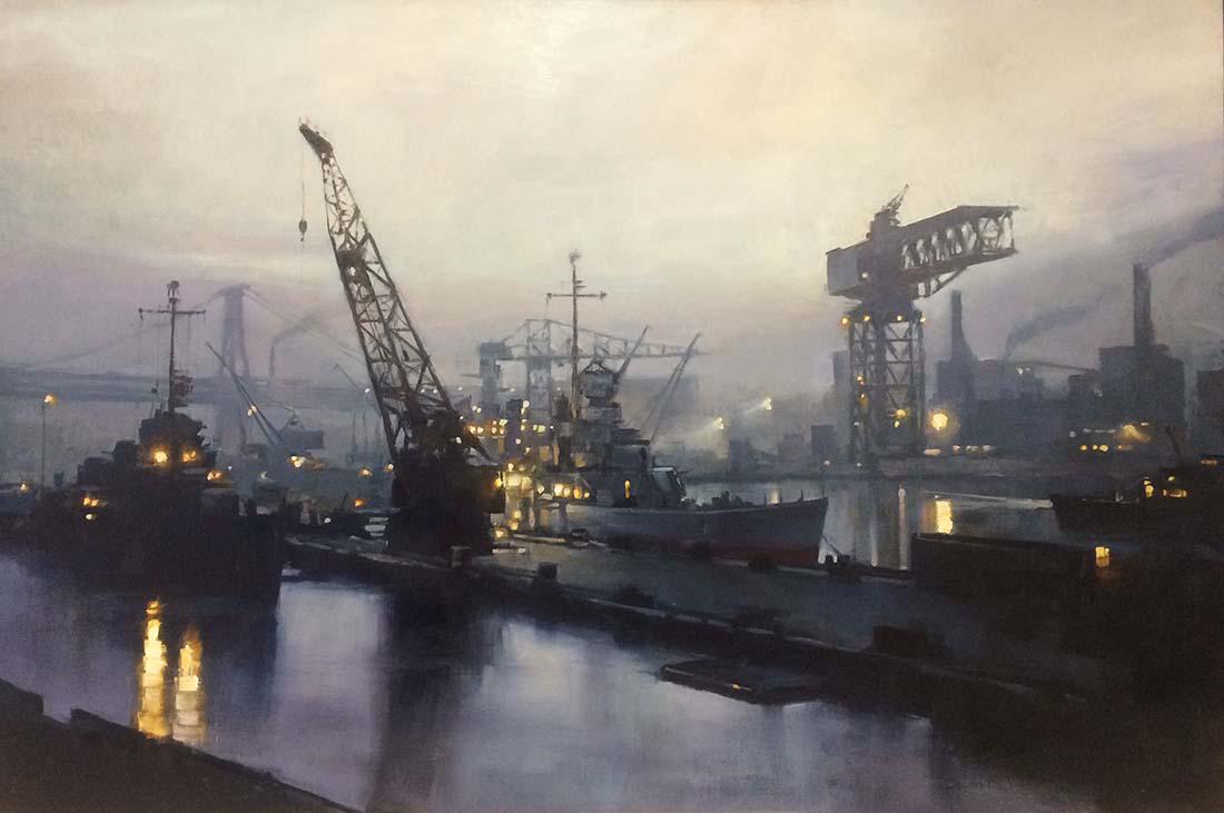 Salmagundi: Jay Brooks: This Salmagundi work of art is titled, "Brooklyn Navy Yard". This is a dusk view of the Brooklyn Navy Yard during its industrial prime. Oil. Image Size: 20" x 30" x 0" Framed Size: 22" x 32" x 0" Jay 
