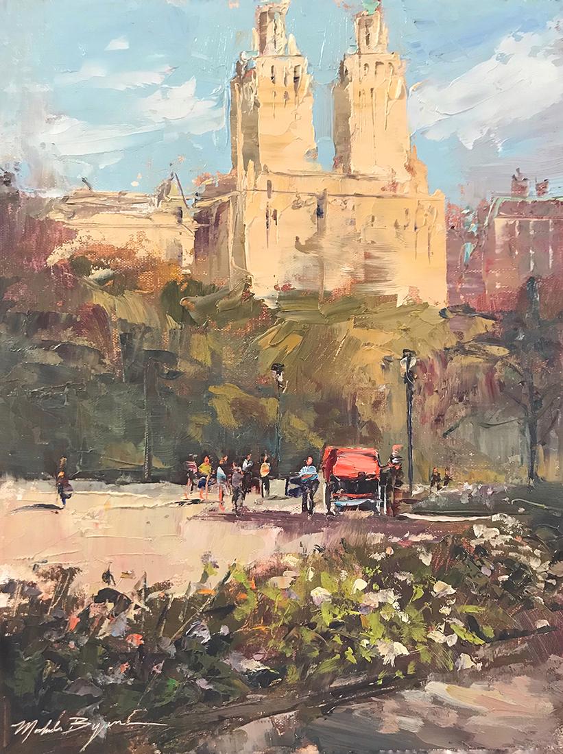 Salmagundi: Michele Byrne: This Salmagundi work of art is titled, "Carriage Rides in Central Park". This plein air piece won third prize during the American Impressionist Society's Plein Air event in September 2019. Oil. Image 
