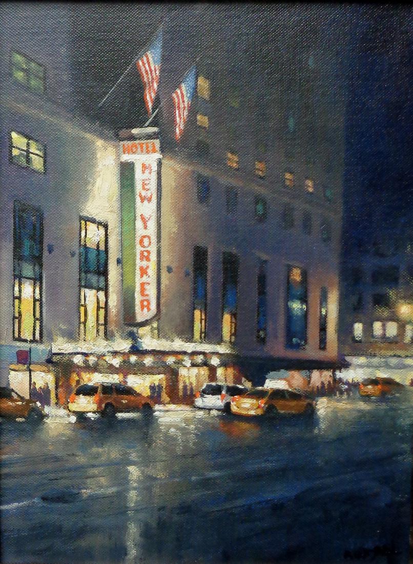 Salmagundi: Michael Budden: This Salmagundi work of art is titled, "The New Yorker". An evening scene of the new Yorker Hotel on a busy night. Oil. Image Size: 12" x 9" x 0" Framed Size: 17.5" x 14.5" x 1.5" Michael is a long ti