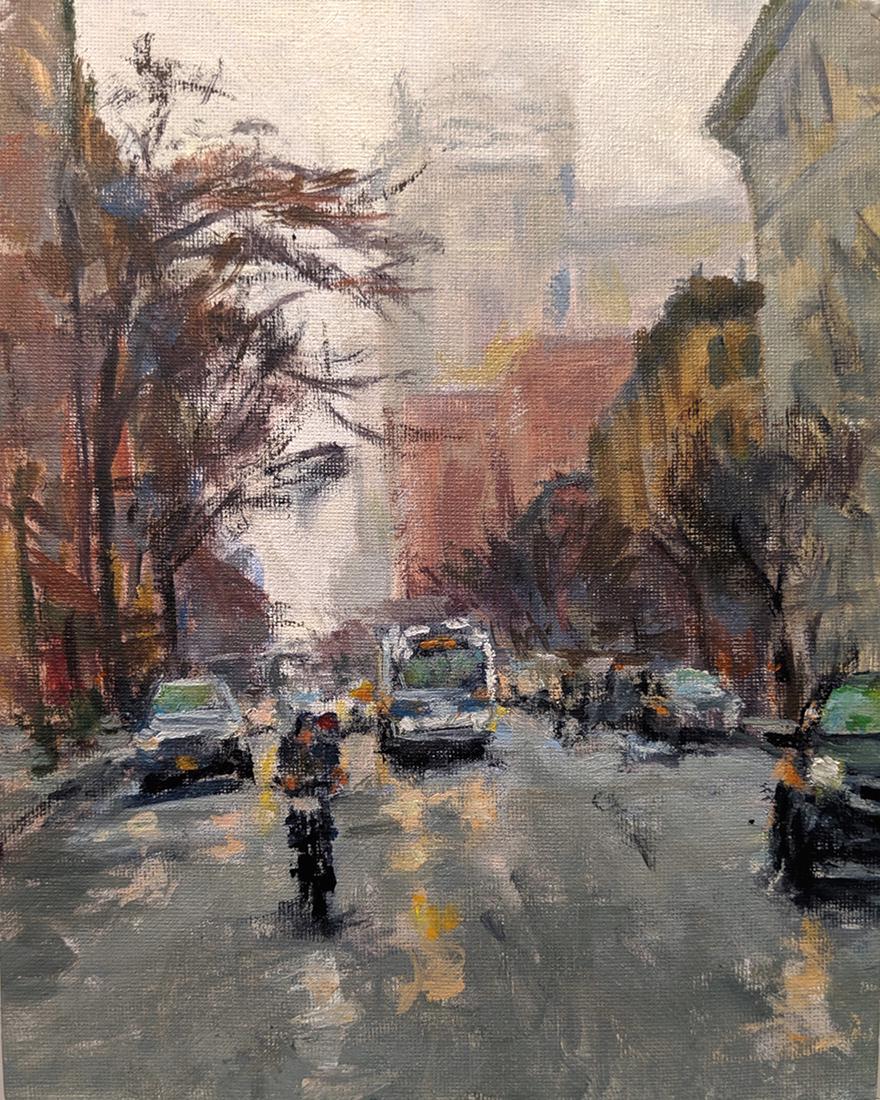 Salmagundi: Peter Salwen: This Salmagundi work of art is titled, "Rain and Mist on Columbus Avenue". A rainy, misty morning on a busy urban street. Oil. Image Size: 10" x 8" x 0" Framed Size: 10.5" x 8.5" x 0" Salwen is a life