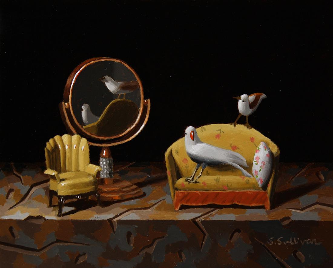 Salmagundi: Shawn Sullivan: This Salmagundi work of art is titled, "Petit Salon". A white bird reclines on a couch while attended by a smaller bird. Oil on Panel. Image Size: 8" x 10" x 0.25" Framed Size: 14" x 16" x 1" Shawn Su