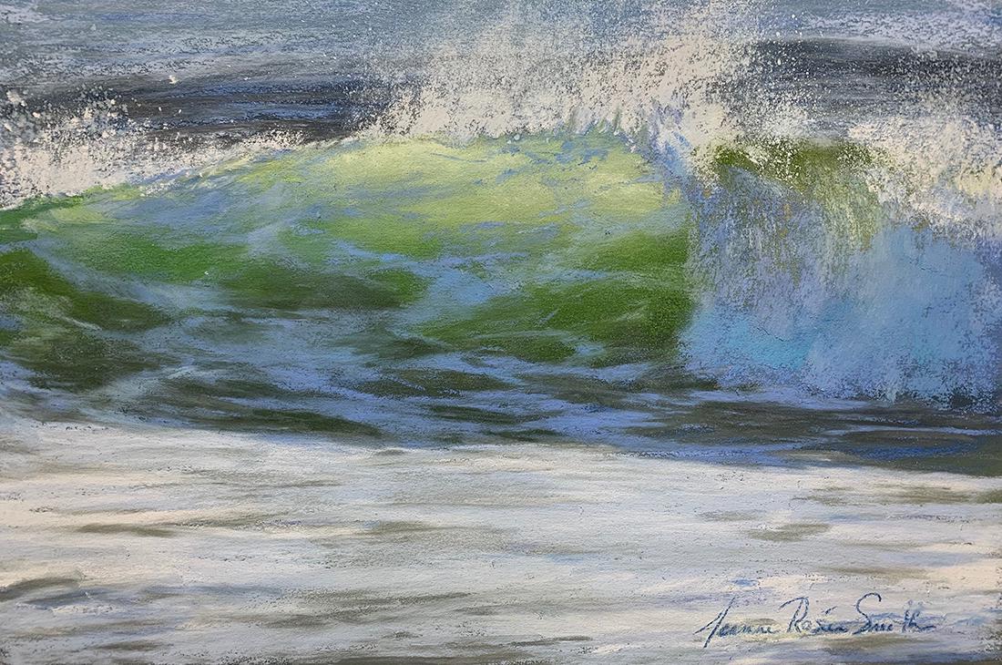 Salmagundi: Jeanne Rosier Smith: This Salmagundi work of art is titled, "Morning Splash". This is a classic seascape, showing morning light streaming through the crest of a wave. Pastel. Image Size: 8" x 12" x 0.5" Framed Size: 12" x