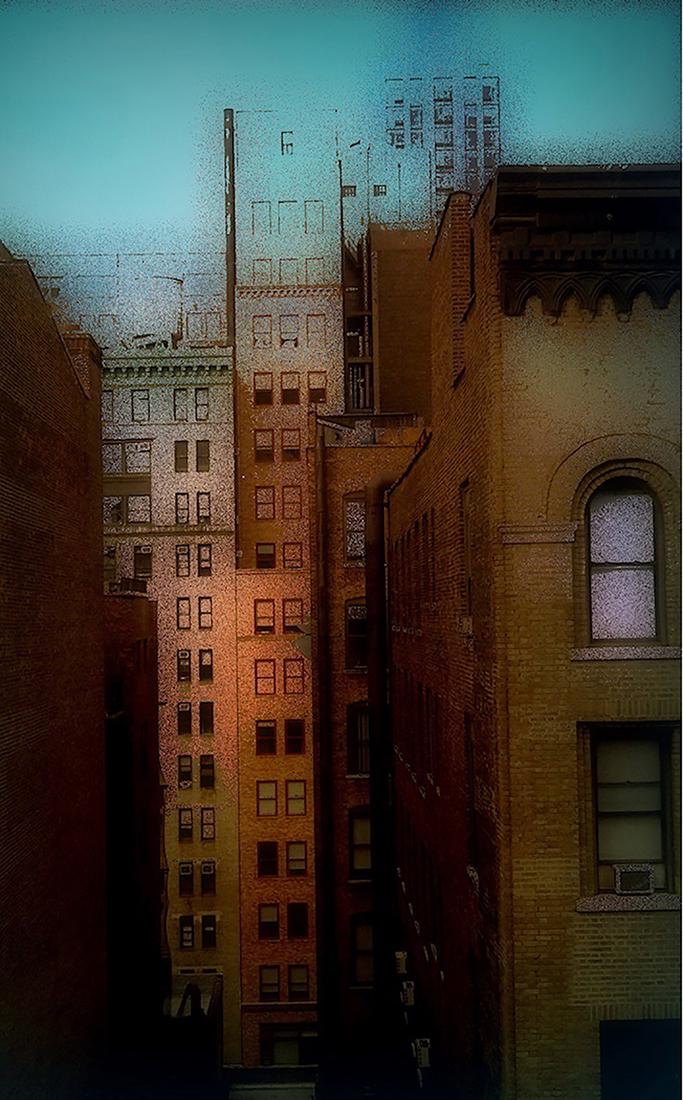 Salmagundi: Jane Sklar: This Salmagundi work of art is titled, "Building View". Multiple photos of various buildings at dusk, combined to create the effect in this one-of-a-kind piece. Digital Photographic Manipulation. Imag