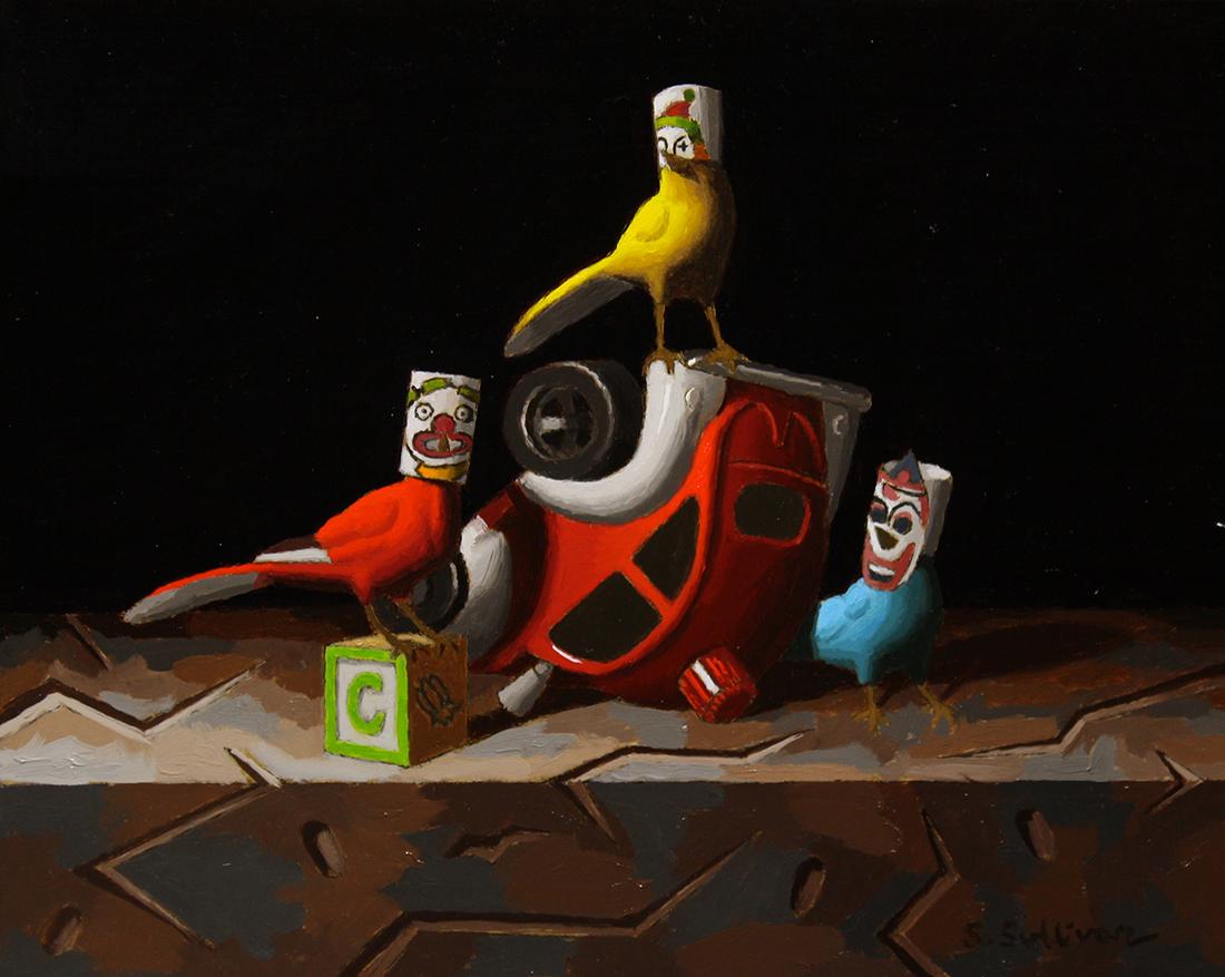 Salmagundi: Shawn Sullivan: This Salmagundi work of art is titled, "Clowns". Three birds, wearing clown masks, stand next to an overturned Volkswagon. Oil. Image Size: 8" x 10" Framed Size: 14" x 16" Shawn Sullivan is an artist 