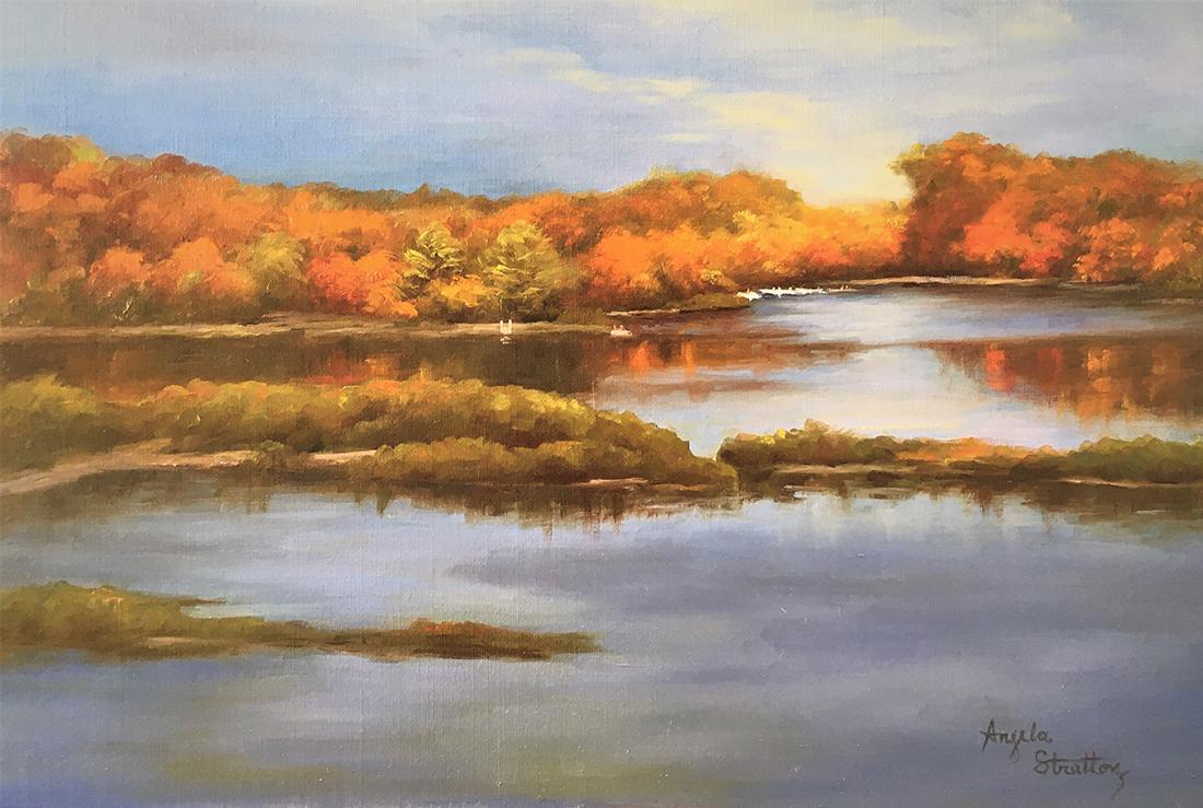 Salmagundi: Angela Stratton: This Salmagundi work of art is titled, "Adirondack's Lake Kayuta". Lake Kayata in peak fall colors. Oil. Image Size: 12" x 18" Framed Size: 16" x 22" Angela Stratton is an artist and instructor of aca