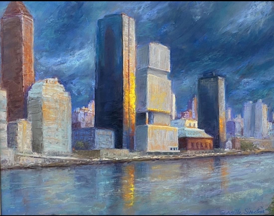 Salmagundi: Georgette Sinclair: This Salmagundi work of art is titled, "NYC by East River Side". "Inspired by a spectacular view from my window: a storm looming over Manhattan while the sun was rising from Queens' side." Pastel. Ima