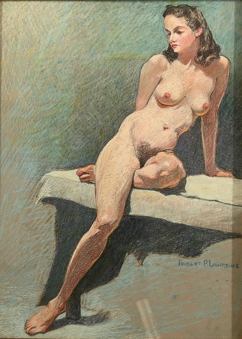 Salmagundi: Robert P. Lawrence (1883 - 1970): This Salmagundi work of art is titled, "Nude Sitting on Table" (Salmagundi Club Collection). Signed, lower right. Pastel. Image Size: 15" x 11" Framed Size: 16.75" x 12.5" Robert Pearson Lawrence beca