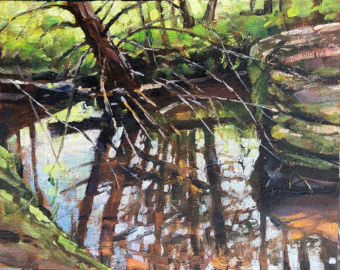 Salmagundi: Jay Brooks: This Salmagundi work of art is titled, "Trout Pool". Reflections of converging trunks and branches against a bright sky, as seen in a pool of water. Oil. Image Size: 8" x 10" Framed Size: 13.5" x 15.5