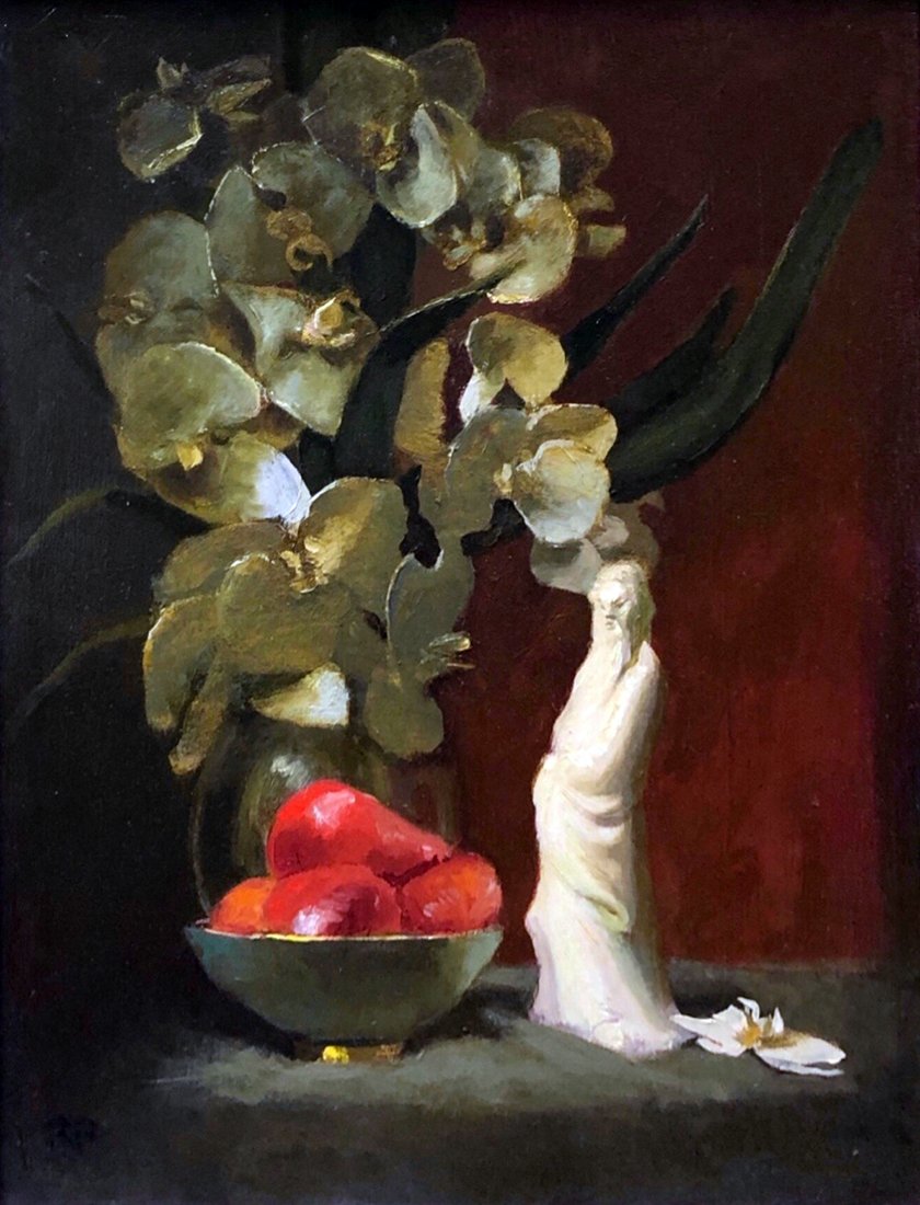 Salmagundi: Rick Perez: This Salmagundi work of art is titled, "Still life with Orchids". A group of white moth orchids, accompanied by fruit and a graceful statuette. Oil. Image Size: 20" x 16" Framed Size: 23" x 19" Rick P