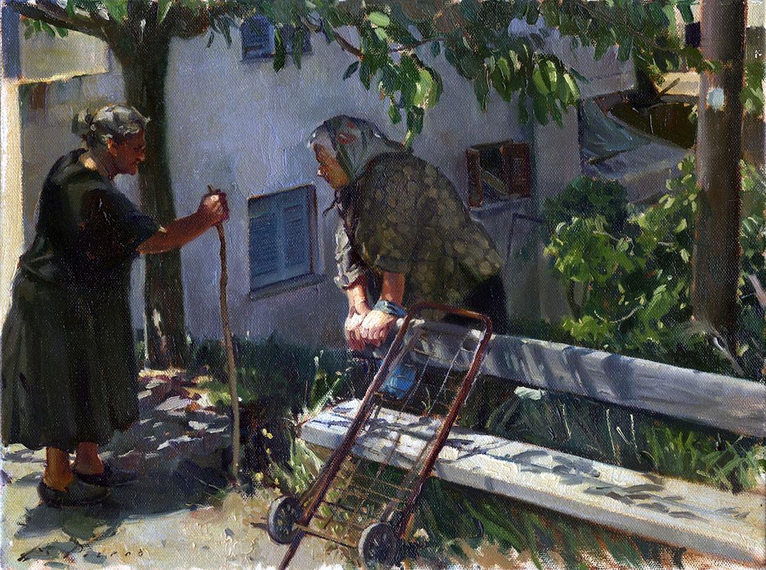 Salmagundi: Marcus Pierno: This Salmagundi work of art is titled, "The Elder Stateswomen". Two elderly women speak to each other at a bus stop in a sun-bathed village in Crete. Oil on Canvas. Image Size: 12" x 16" Framed Size: 