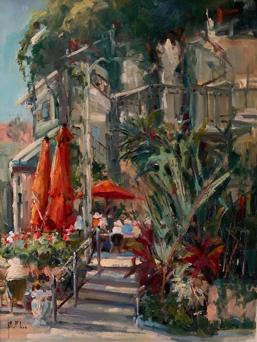 Salmagundi: Kathryn McMahon: This Salmagundi work of art is titled, "On the Patio". A relaxing scene of a gathering of people, framed by deep green foliage and pops of red from umbrellas and flowers. Oil. Image Size: 24" x 18" Fr