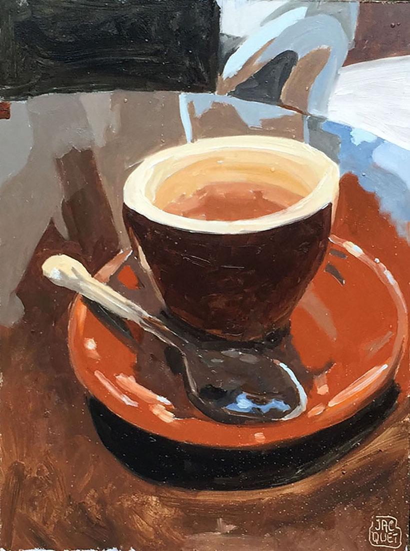Salmagundi: Jean-Pierre Jacquet: This Salmagundi work of art is titled, "Kawah". A still life of a shiny cup of espresso. Oil. Image Size: 12" x 9" Framed Size: 14.5" x 11.5" Jean Pierre Jacquet is a French-American painter and film