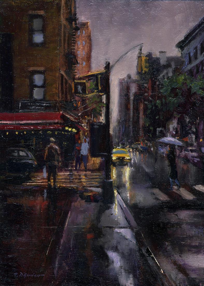 Salmagundi: Tony D'Amico: This Salmagundi work of art is titled, "City Drizzle". A gray rainy day in New York City. Oil. Image Size: 12" x 9" Framed Size: 17" x 14" Tony D'Amico is a signature member of both the American Impre