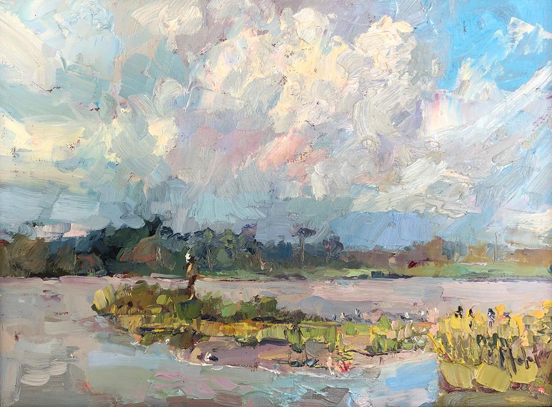 Salmagundi: Lynn Mehta: This Salmagundi work of art is titled, "Marsh View". An impressionistic landscape of a marshland, painted en plein air. Oil. Image Size: 9" x 12" Framed Size: 15" x 17" Lynn Mehta holds Signature Memb