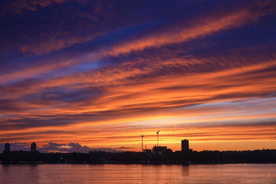 Salmagundi: Mary McKenna Ridge: This Salmagundi work of art is titled, "Sundown on the Hudson River". A brilliant autumn sunset on the Hudson River, overlooking New Jersey. Archival Photo Print. Image Size: 10" x 15" Framed Size: 16