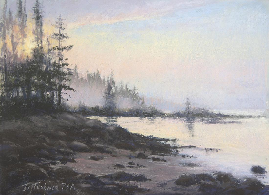 Salmagundi: Jane McGraw-Teubner: This Salmagundi work of art is titled, "Drift Inn Fog, Plein Air". Plein air of a dark shore against a pale sunrise. Pastel on Ampersand Pastel Board. Image Size: 9" x 12" Framed Size: 14" x 17" Jane 