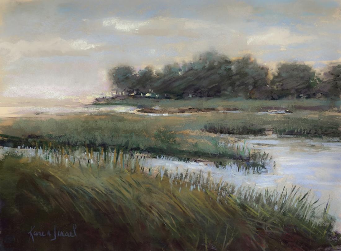 Salmagundi: Karen Israel: This Salmagundi work of art is titled, "Against the Wind". A landscape of a grassy marsh; strokes emulating a wind blowing through. Pastel. Image Size: 9" x 12" Framed Size: 11" x 14" Karen Israel is 