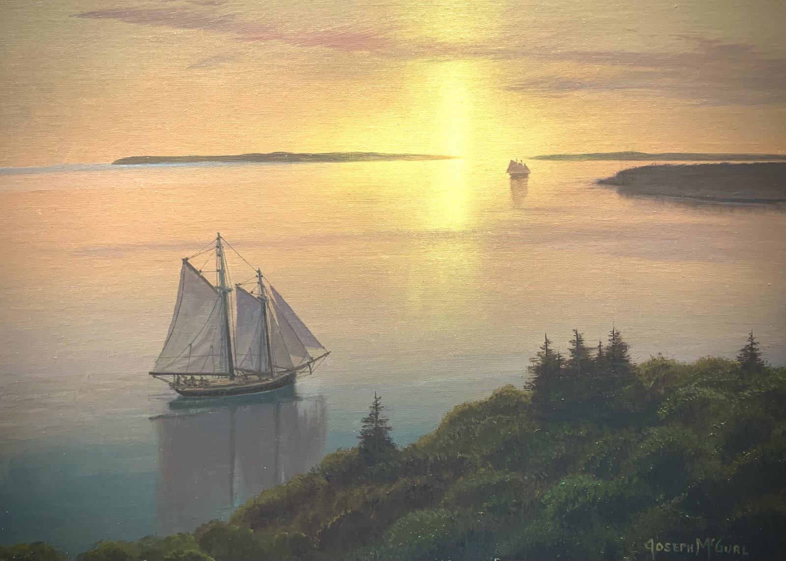 Salmagundi: Joseph McGurl: This Salmagundi work of art is titled, "Becalmed at Sunset". Schooners are drifting along the sunset on a calm evening. Oil on Canvas. Image Size: 12" x 16" Framed Size: 19" x 23" x 1" Joseph McGurl h