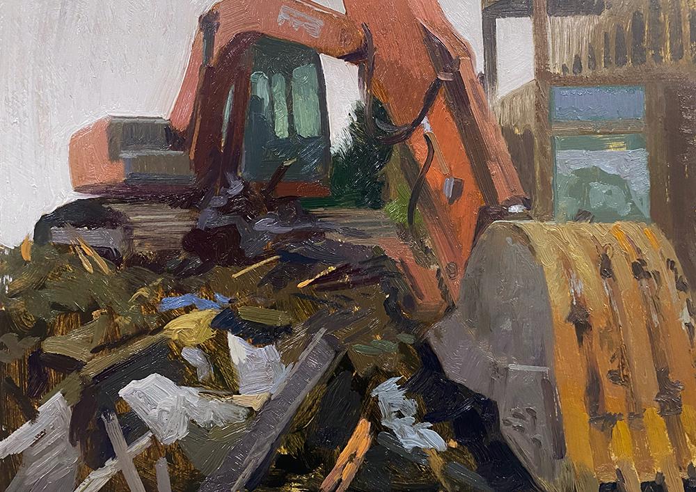 Salmagundi: Brad Davis: This Salmagundi work of art is titled, "Demolition Day, Mt. Adams". The artist painted this piece on-site during the demolition of 1039 St. Gregory Street. Oil on Panel . Image Size: 9" x 12" x 1" Fra