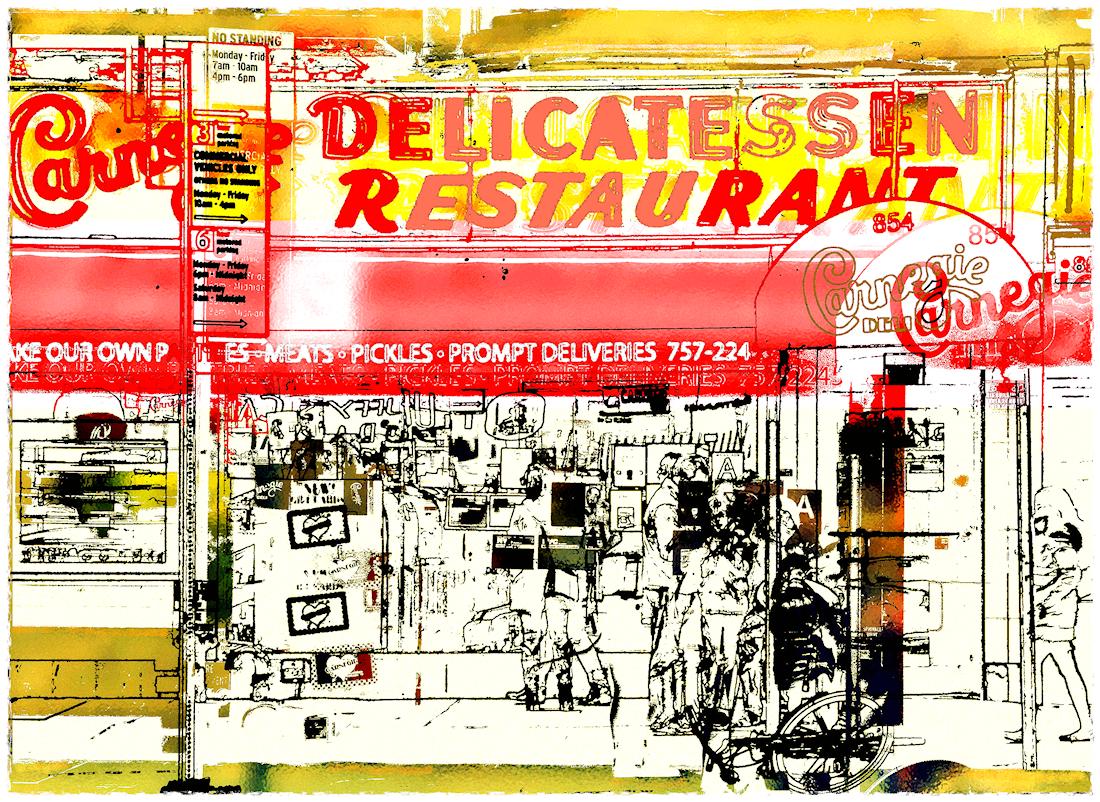 Salmagundi: Jane Sklar: This Salmagundi work of art is titled, "Carnegie". A final view of the Carnegie Deli in NYC, before it closed for good. Digital Photography Collage. Image Size: 9.25" x 12.75" Framed Size: 16" x 20" x