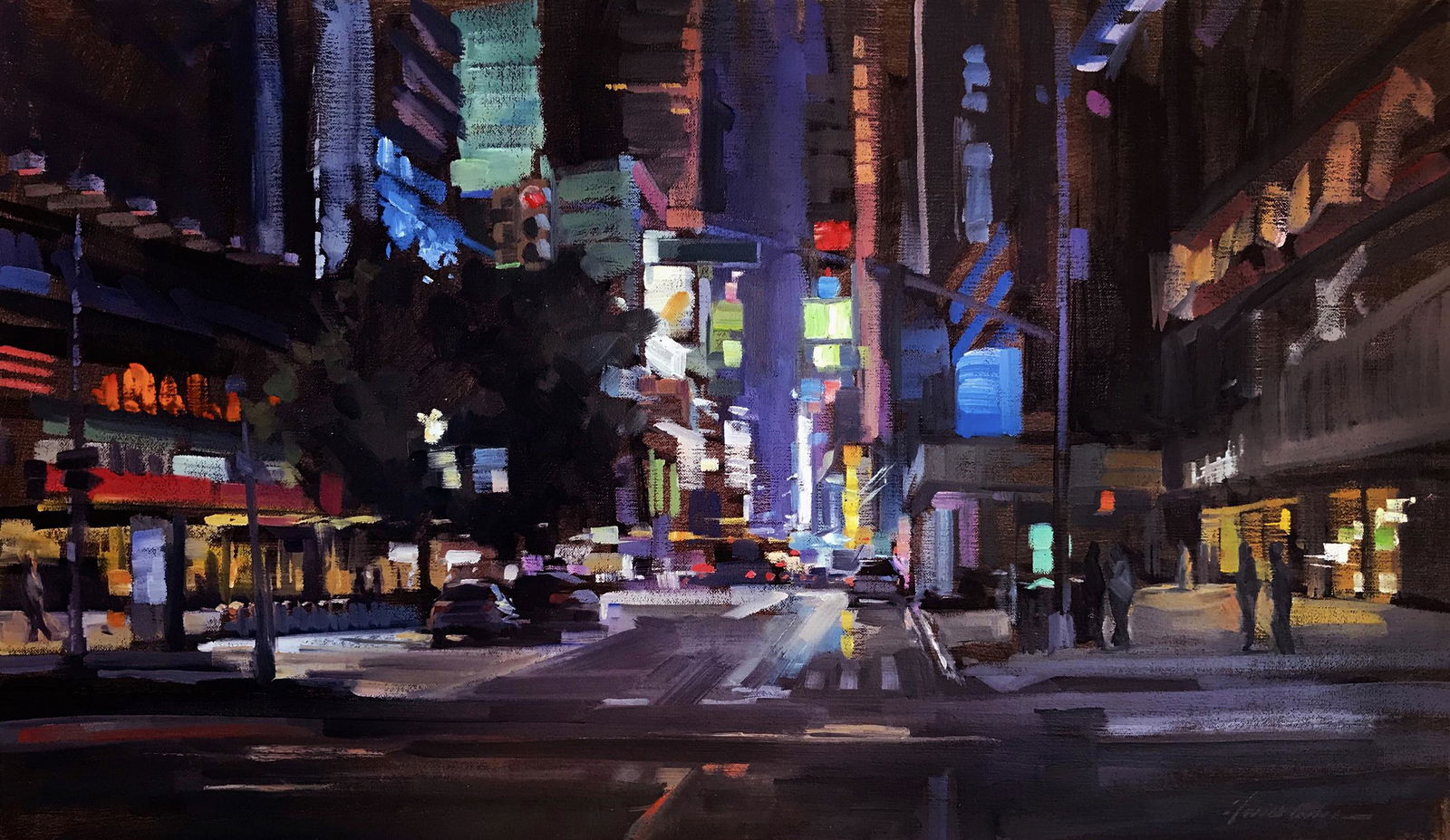 Salmagundi: Garin Baker: This Salmagundi work of art is titled, "Broadway Lights". A plein air painting of an NYC nocturne scene. Oil. Image Size: 14" x 24" Framed Size: 20" x 30" x 1" Graduating with a BFA from Pratt Institu