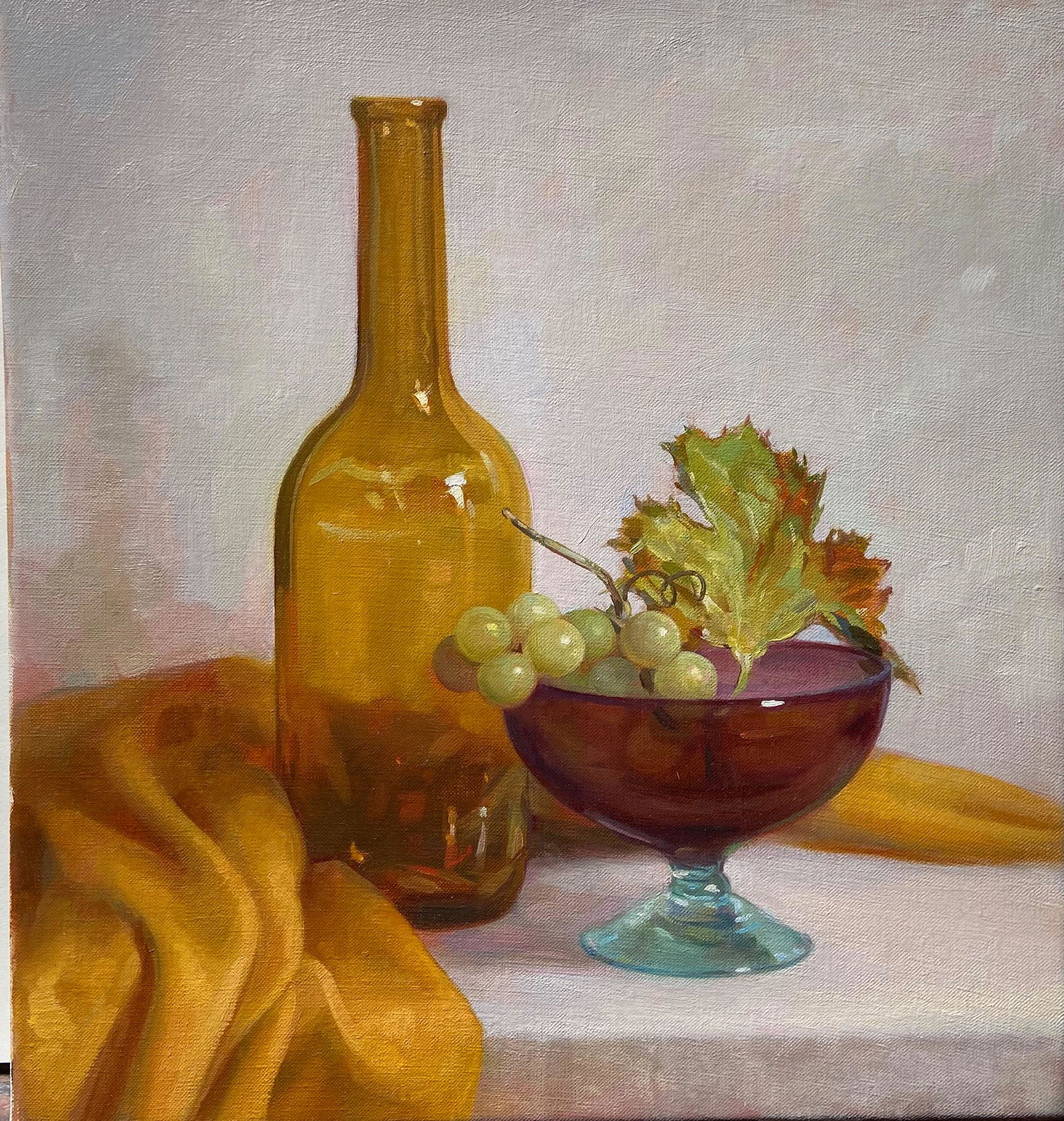 Salmagundi: Patricia Watwood: This Salmagundi work of art is titled, "The Yellow Bottle". Still life of yellow and amethyst glassware with green grapes. Oil on Linen. Image Size: 14" x 13" Framed Size: 18" x 17" x 1.5" Patricia Wa