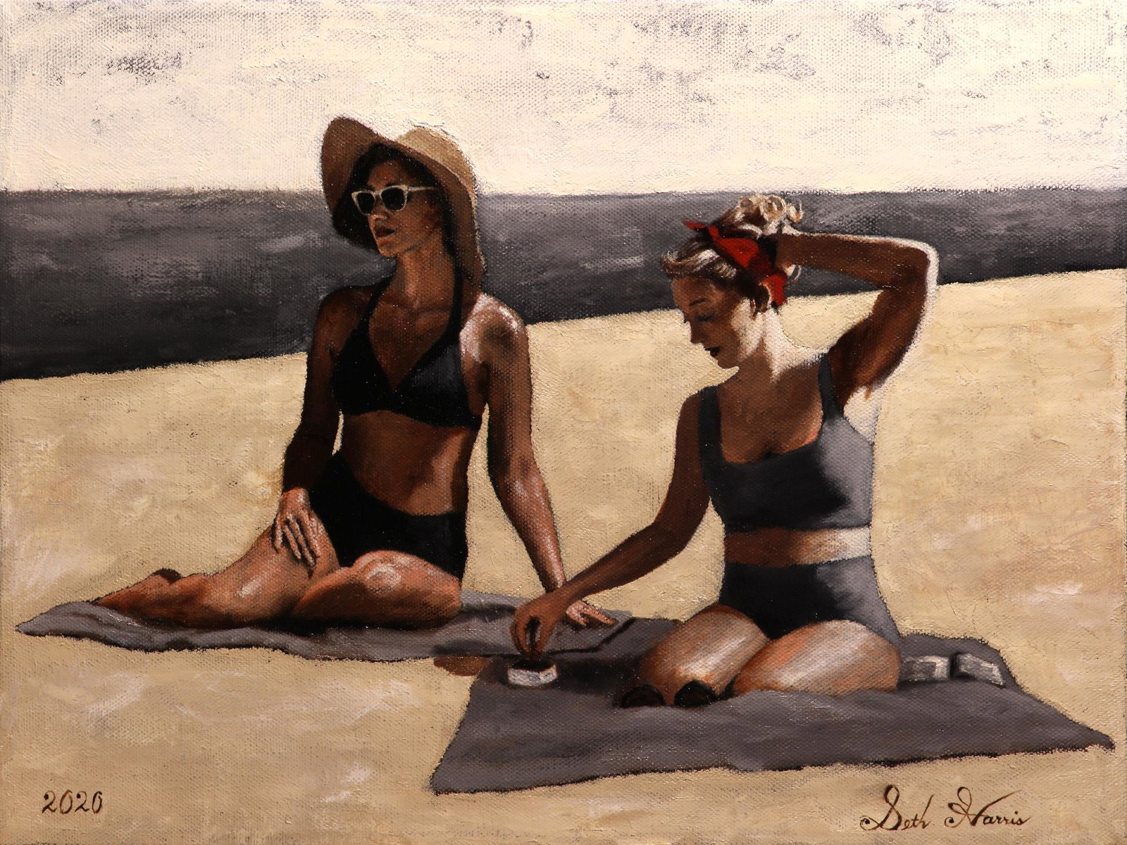 Salmagundi: Seth Harris: This Salmagundi work of art is titled, "South Shore". This painting depicts two reclining ladies at the beach. Oil on Canvas. Image Size: 12" x 16" x 1" Framed Size: 19" x 23" x 2" Seth Harris is a se