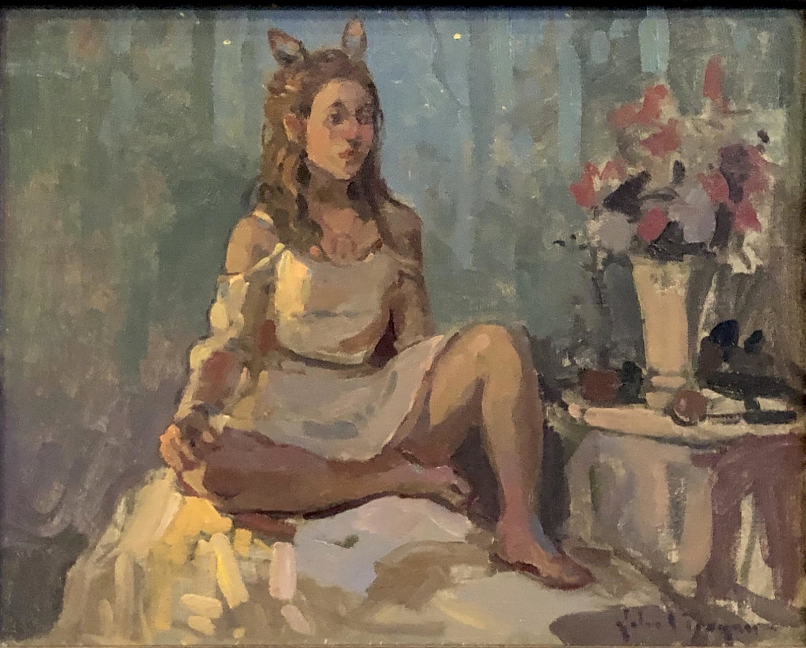 Salmagundi: John Traynor: This Salmagundi work of art is titled, "A Midsummers Night's Dream". A midsummer night's muse found in a girl, sat by a floral bouquet. Oil. Image Size: 16" x 20" x 2" Framed Size: 22" x 26" x 2" John