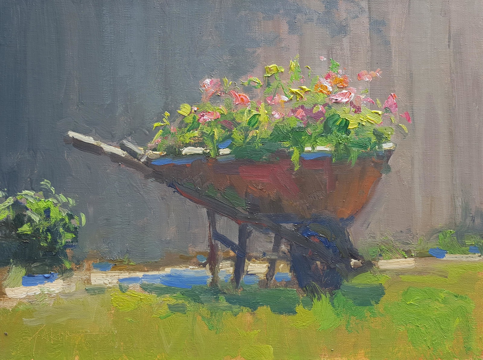 Salmagundi: Jonathan McPhillips: This Salmagundi work of art is titled, "Rustic Planter". A unique flower bed, captured along a rural New England roadside. Oil. Image Size: 9" x 12" Framed Size: 13" x 16" x 0.5" Jonathan McPhillips g