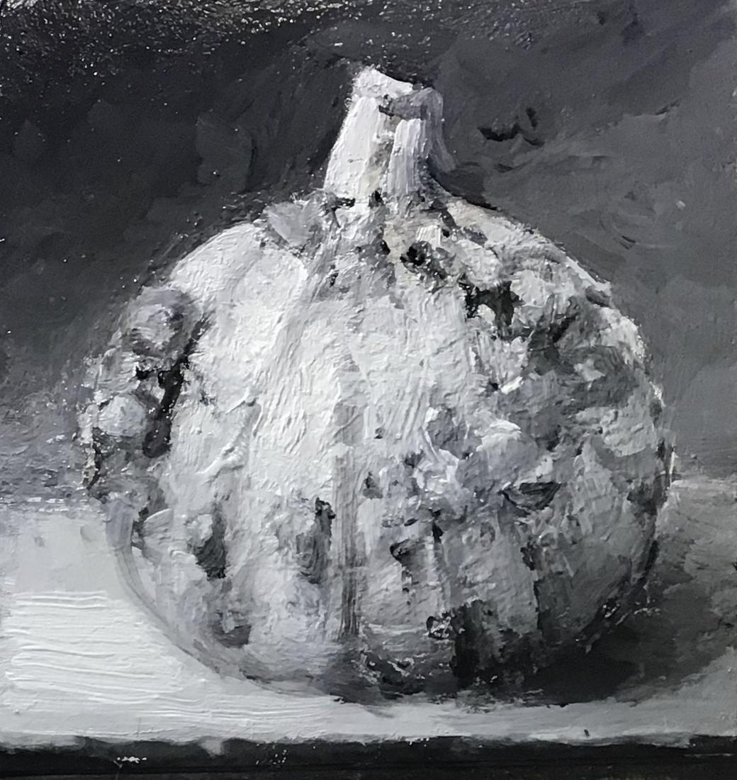 Salmagundi: Bill Creevy (1942-2020): This Salmagundi work of art is titled, "Knucklehead". A black and white depiction of a fruit, creating texture with broad brush strokes. Oil on Canvas Board. Image Size: 7" x 7" Framed Size: 10" x 10"