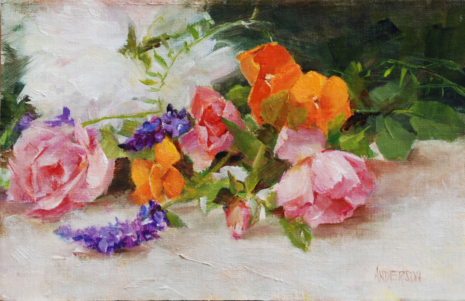 Salmagundi: Kathy Anderson: This Salmagundi work of art is titled, "Roses, Pansies and Peony". A natural arrangement of mixed flowers: wildflowers and a beautiful white peony to hold everything together. Oil. Image Size: 5.5" x