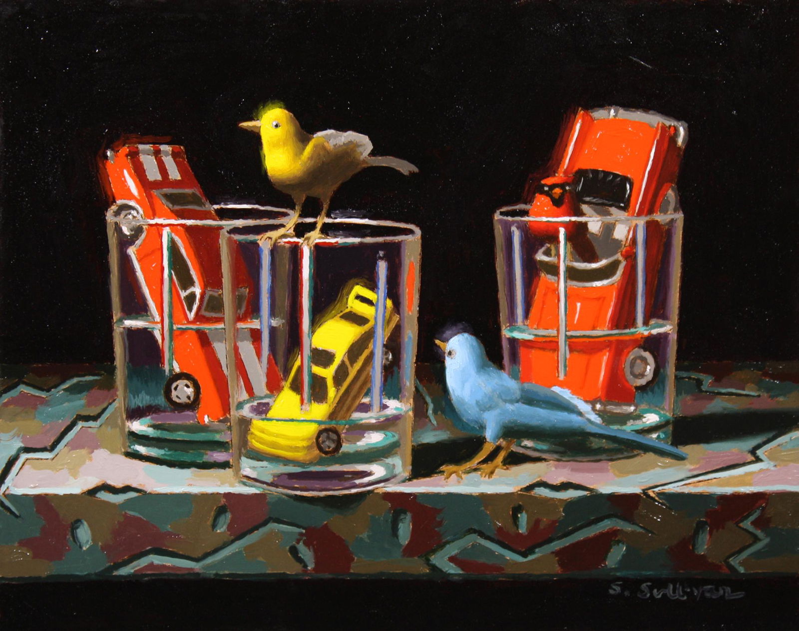 Salmagundi: Shawn Sullivan: This Salmagundi work of art is titled, "Car Wash". Birds are shown next to toy cars that are submerged in water glasses. Oil. Image Size: 8" x 10" Framed Size: 13" x 15" Shawn Sullivan (b.1957) is an