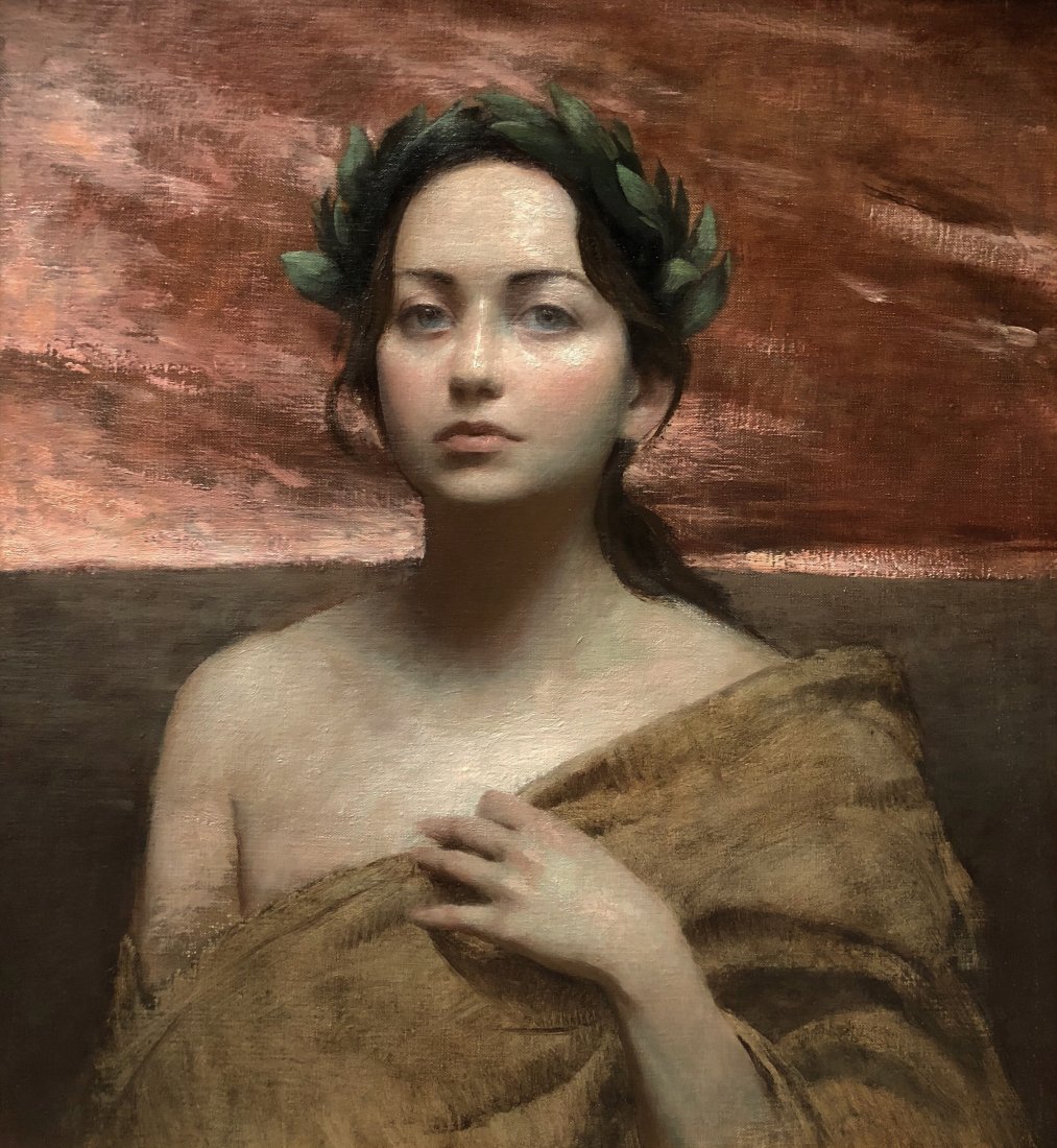Salmagundi: Richard Greathouse: This Salmagundi work of art is titled, "La Giovane Dottoressa". A portrait of a young woman, wearing a crown of laurels against a red sky background. Oil on Canvas. Image Size: 21.75" x 19.75" Framed 