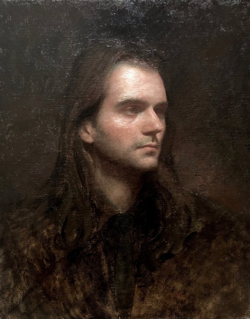 Salmagundi: Richard Greathouse: This Salmagundi work of art is titled, "Portrait of Marco". A portrait of a young man with long hair, against a dark background. Oil on Canvas. Image Size: 20" x 15.75" Framed Size: 25.25" x 21.25" Ri