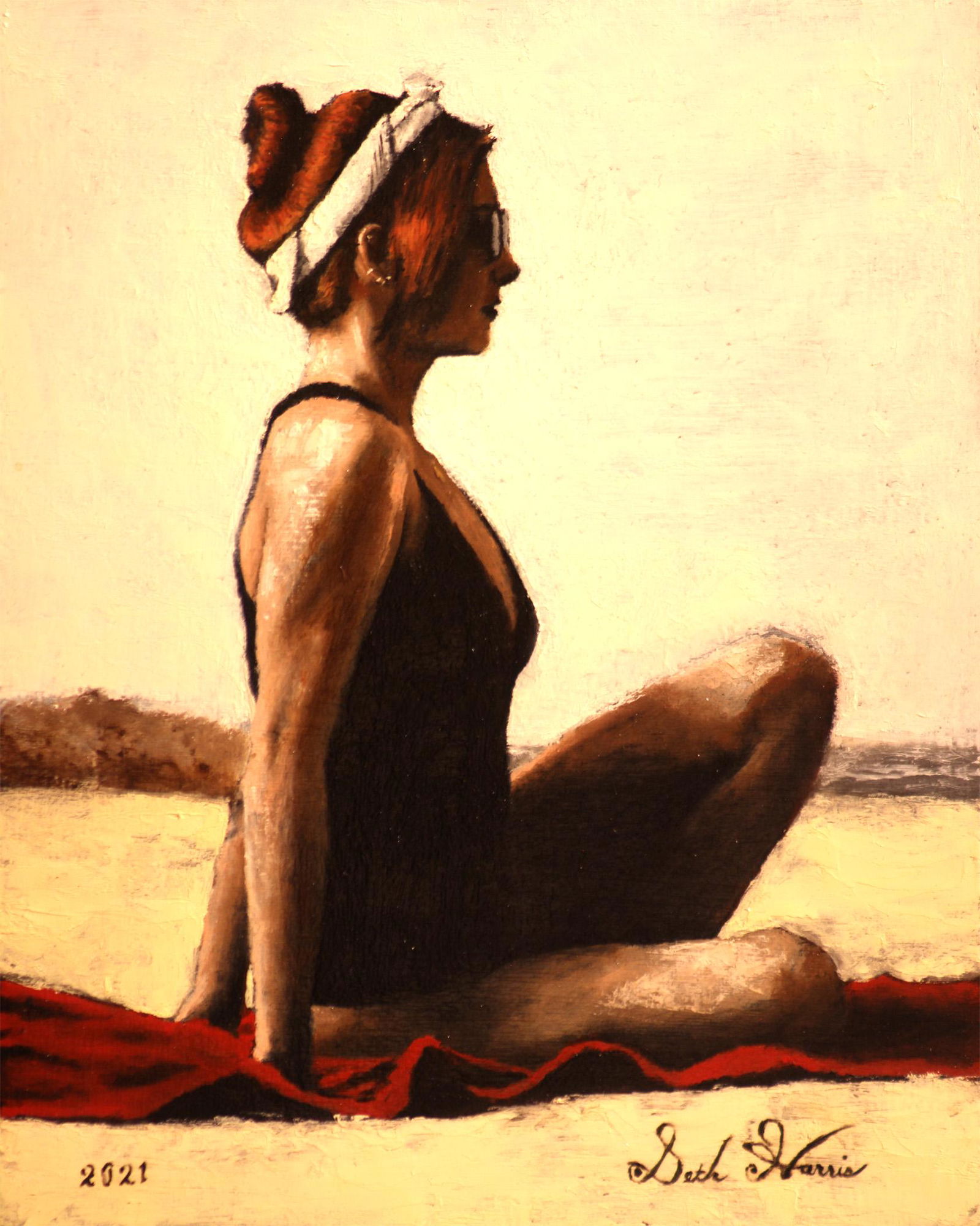 Salmagundi: Seth Harris: This Salmagundi work of art is titled, "Olivia". This painting depict a red haired woman at the beaches of Breezy Point. Oil on Wood Panel. Image Size: 10" x 8" Framed Size: 16.75" x 14.75" Seth Harri