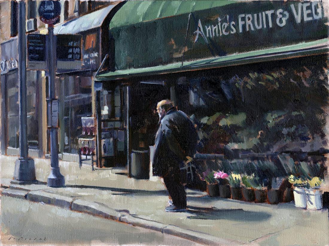 Salmagundi: Marcus Pierno: This Salmagundi work of art is titled, "The Bus That Never Arrives". A man stares off into the distance at a bus stop on a sunny Manhattan street. Oil on Canvas. Image Size: 12" x 16" Framed Size: 17"