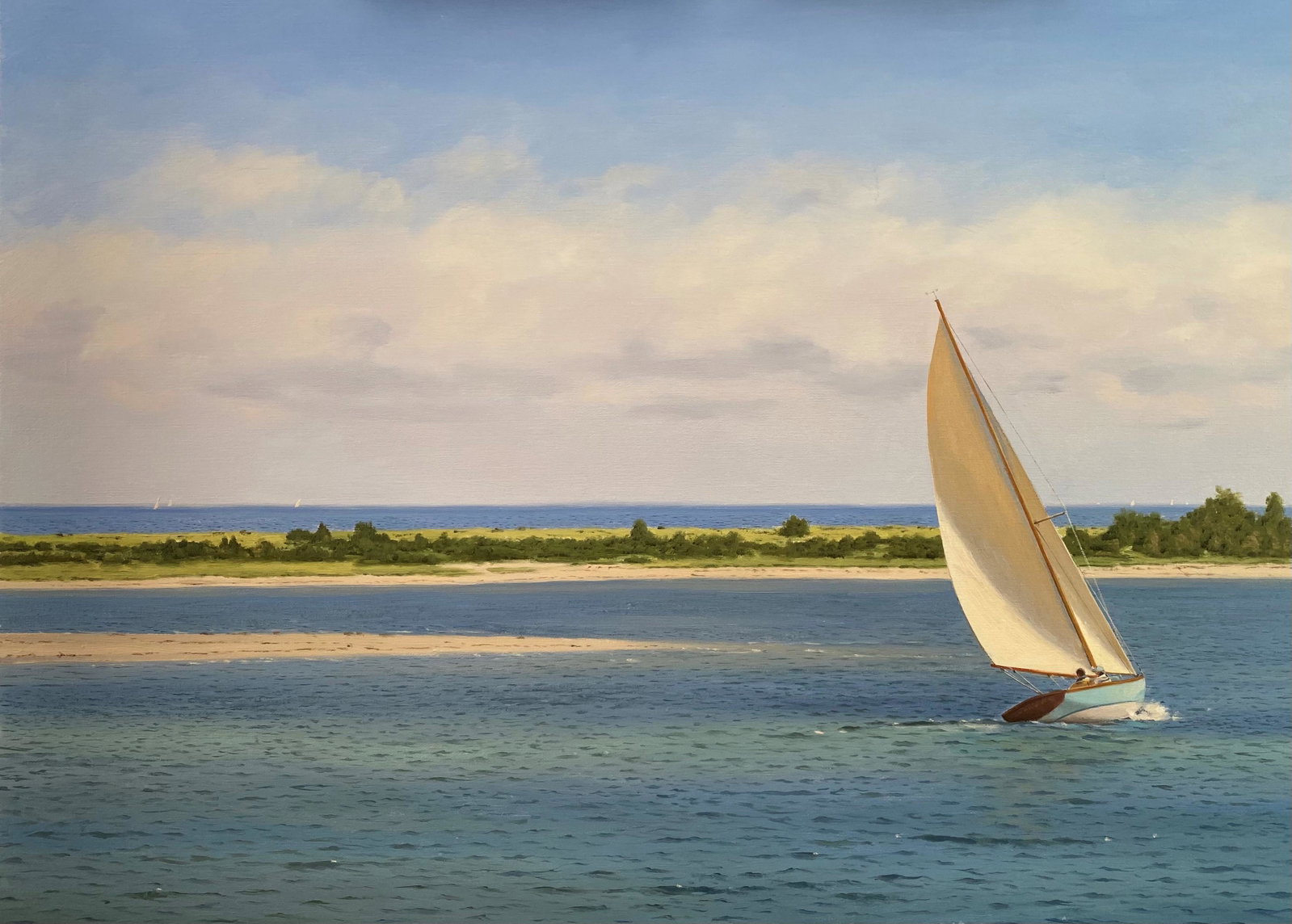 Salmagundi: Sergio Roffo: This Salmagundi work of art is titled, "Sailing By Cotue Nantucket MA". Inspired during the Opera House Cup race. On race week the sailboats, cross the channel for their practice drills. Oil on Canvas