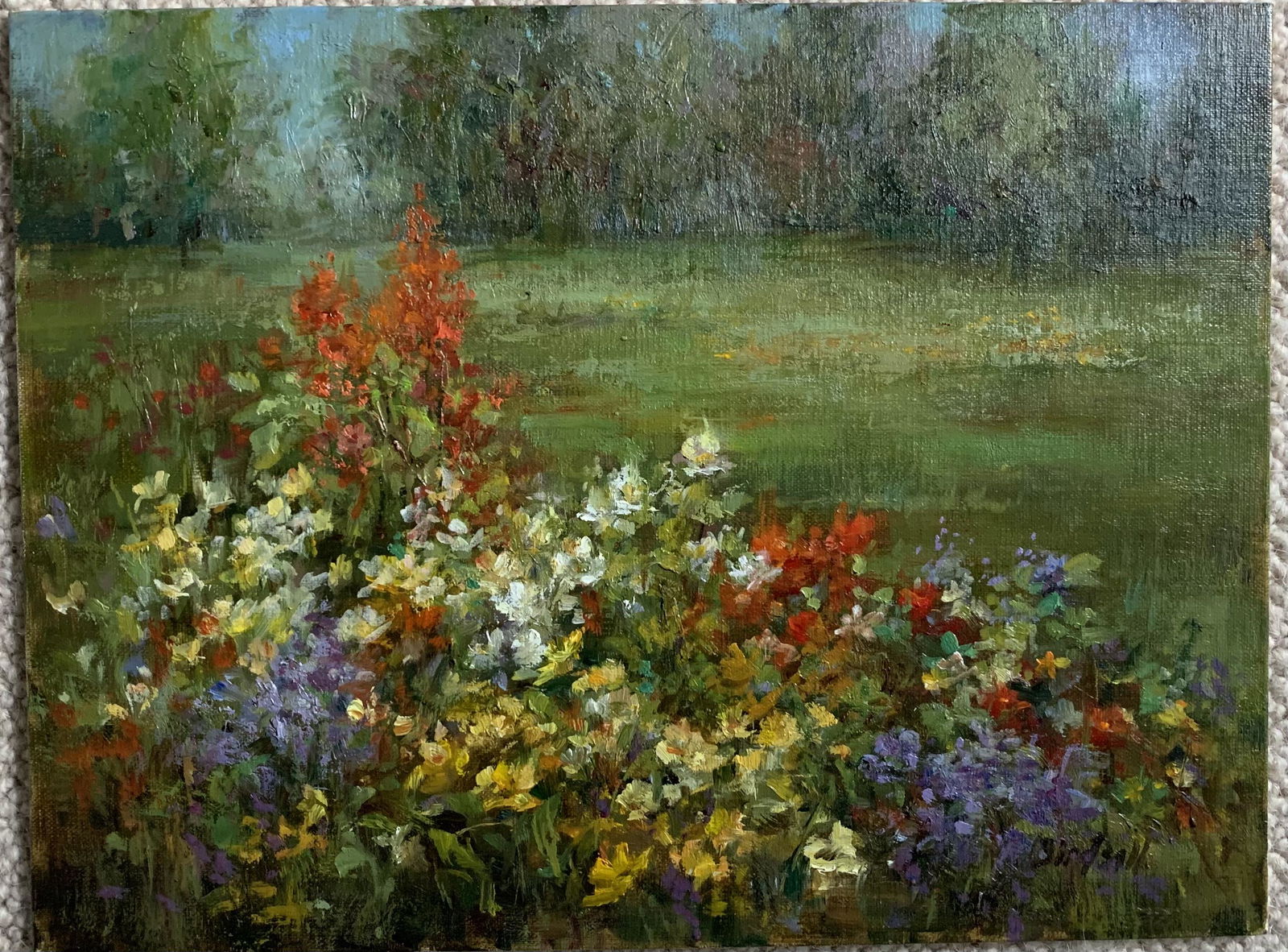 Salmagundi: Stephanie Birdsall: This Salmagundi work of art is titled, "The Garden ". Painted en plein air in fellow artist and Salmagundi member, Kathy Anderson's garden. Oil. Image Size: 9" x 12" Framed Size: 15" x 18" Stephanie B
