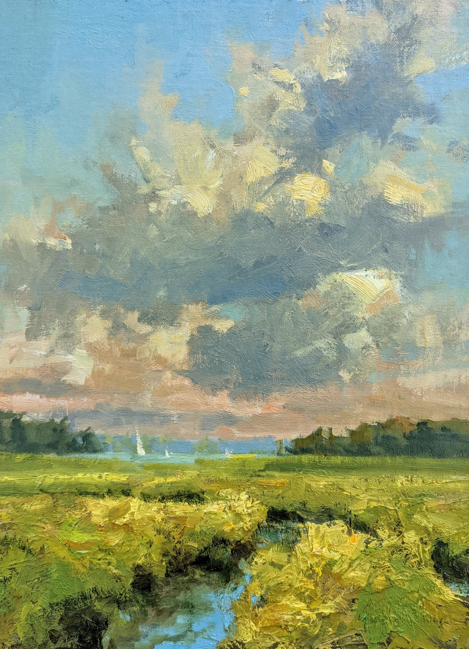 Salmagundi: Jonathan McPhillips: This Salmagundi work of art is titled, "Lofty Afternoon". An impressionistic painting of marshlands with a steadily encroaching evening sky. Oil. Image Size: 12" x 9" Framed Size: 18" x 15" Jonathan M