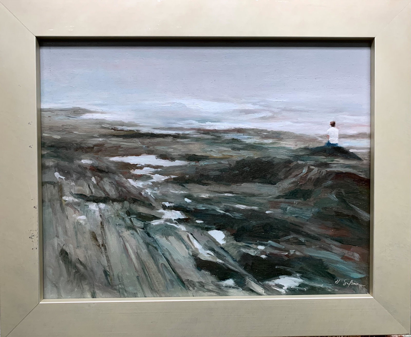 Salmagundi: Hodges Soileau: This Salmagundi work of art is titled, "Tonal Solitude". Moody oil painting depicting a lone figure seated by a damp, rocky coastline. Oil. Image Size: 11" x 14" Framed Size: 14" x 17" Hodges had a su