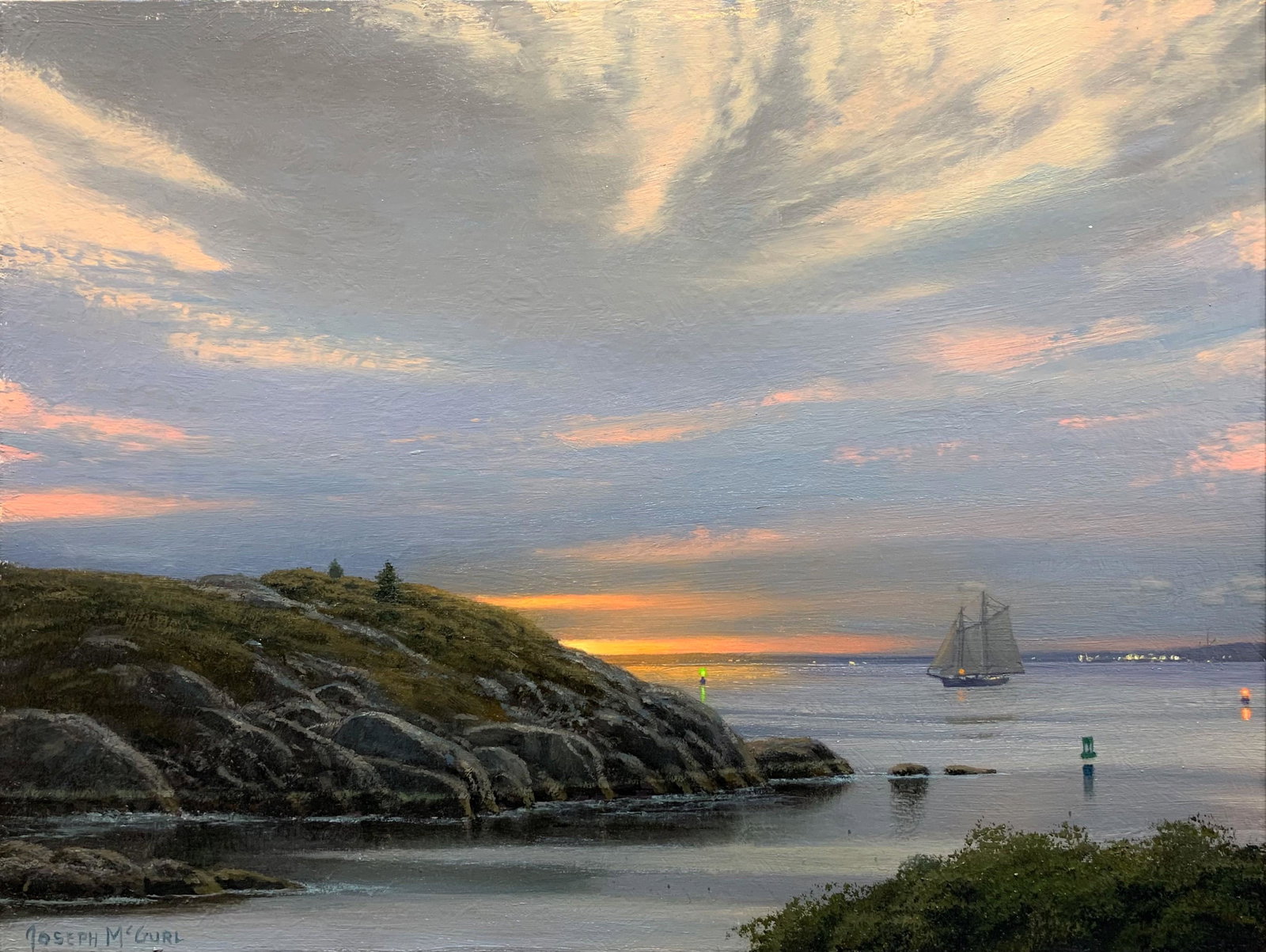 Salmagundi: Joseph McGurl: This Salmagundi work of art is titled, "Evening Comes to Monhegan". A warm glow wanes behind a rocky shore. Oil on Linen. Image Size: 12" x 16" Framed Size: 19" x 23" Joseph McGurl has been designated