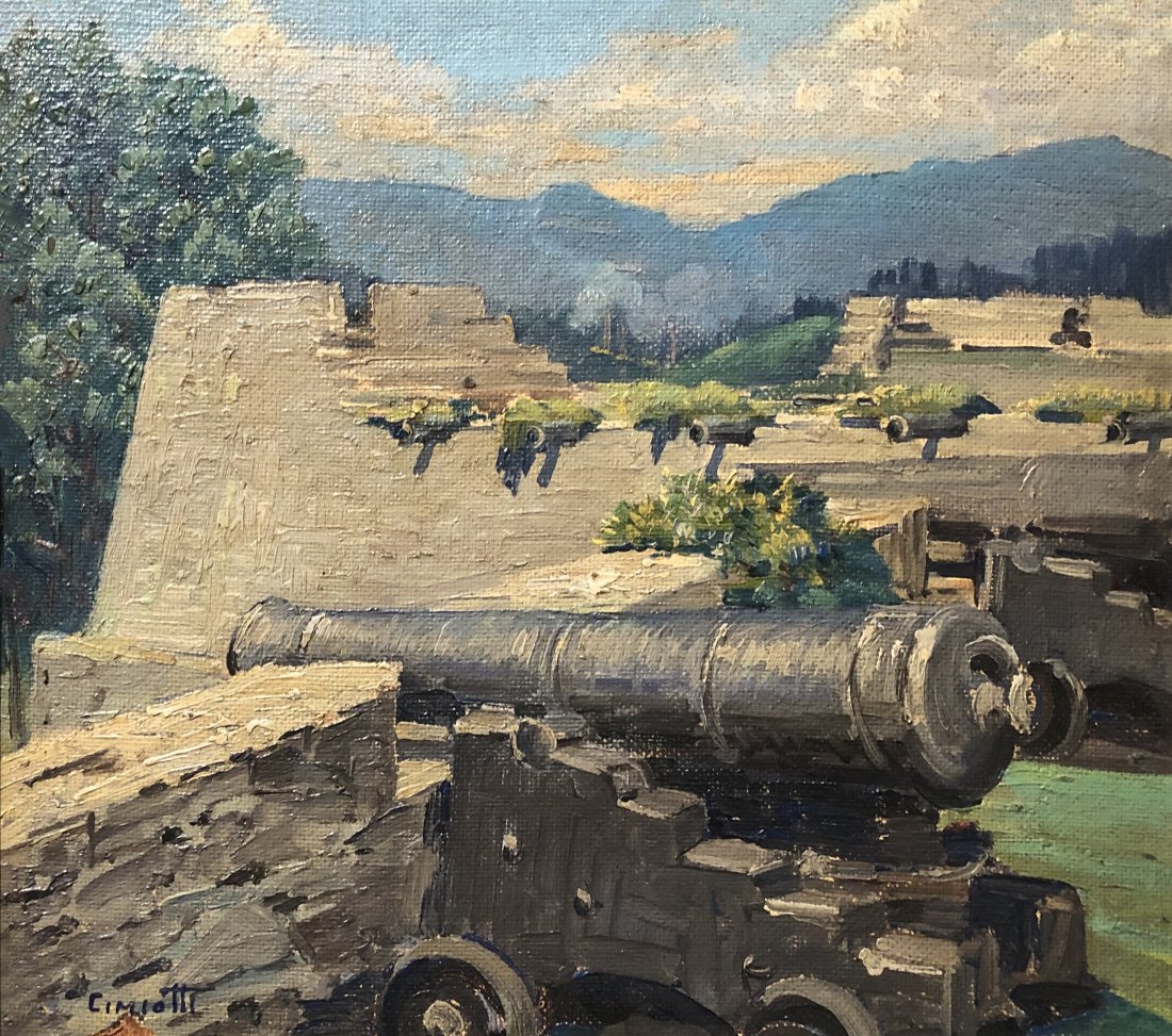 Salmagundi: Gustave Cimiotti Jr (1875 - 1969): This Salmagundi work of art is titled, "Fort Ticonderoga". Signed, lower left: CIMIOTTI. Oil on Masonite. Image Size: 14" x 16" Framed Size: 16.125" x 18.125" Gustave Cimiotti was a painter known for