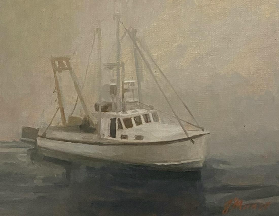 Salmagundi: Jane Manco: This Salmagundi work of art is titled, "Sea Fret". Fishing vessel caught in the swells of an anticipated storm. Oil. Image Size: 6" x 8" Framed Size: 11" x 13" Jane Manco is a classically trained oil 