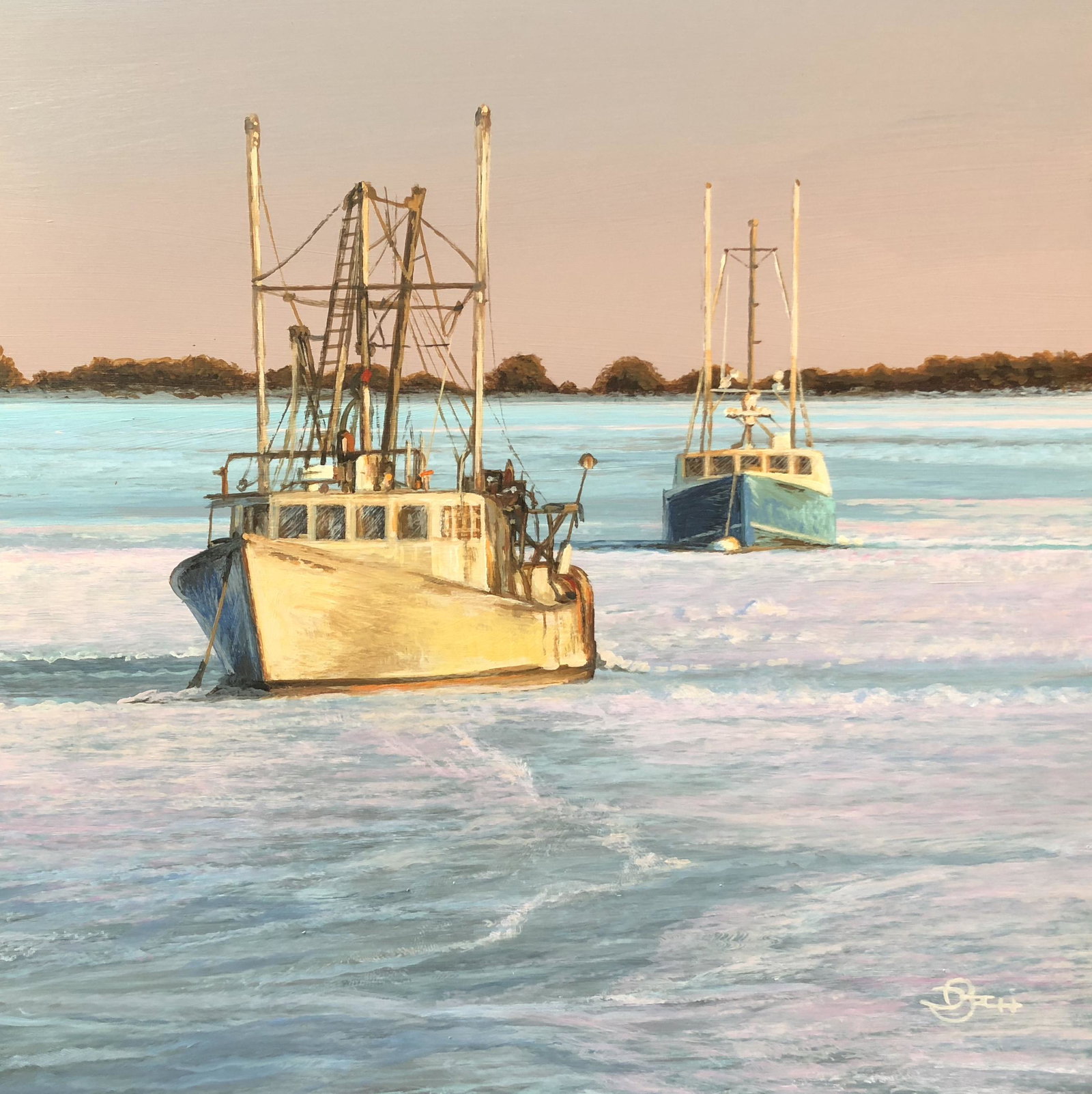 Salmagundi: Del-Bourree Bach: This Salmagundi work of art is titled, "Stage Harbor Ice". Two working fishing boats in the ice, on a cold January day in Chatham on the Cape. Acrylic on Panel. Image Size: 8" x 8" Framed Size: 13" x 