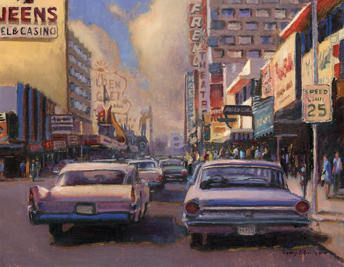 Salmagundi: Tony D'Amico: This Salmagundi work of art is titled, "In Search of the Rat Pack". A retro view of the famous Las Vegas strip. Oil. Image Size: 11" x 14" Framed Size: 15.5" x 18.5" Tony D'Amico is a signature member